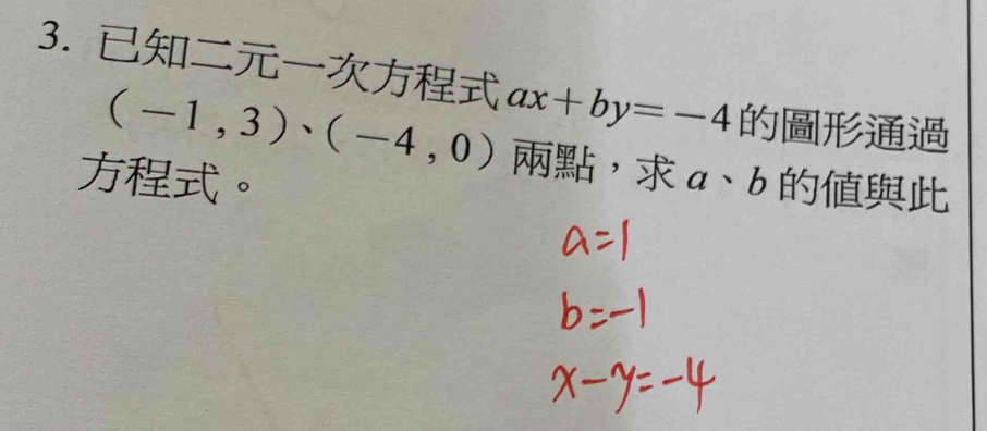 ax+by=-4
(-1,3)· (-4,0) ， 
。 a· b