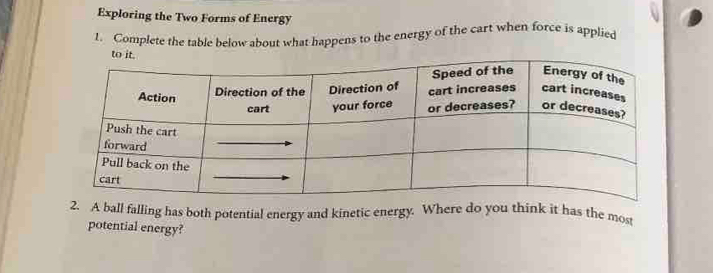 Exploring the Two Forms of Energy 
1. Complete the table below about what happens to the energy of the cart when force is applied 
to it. 
2. A ball falling has both potential energy and kinetic energy. Where do you think it has the most 
potential energy?