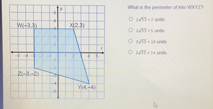 What is the perimeter of kite WXYZ?
2sqrt(53)+2 units
2sqrt(53)+5 units
2sqrt(53)+10 units
2sqrt(53)+14 units