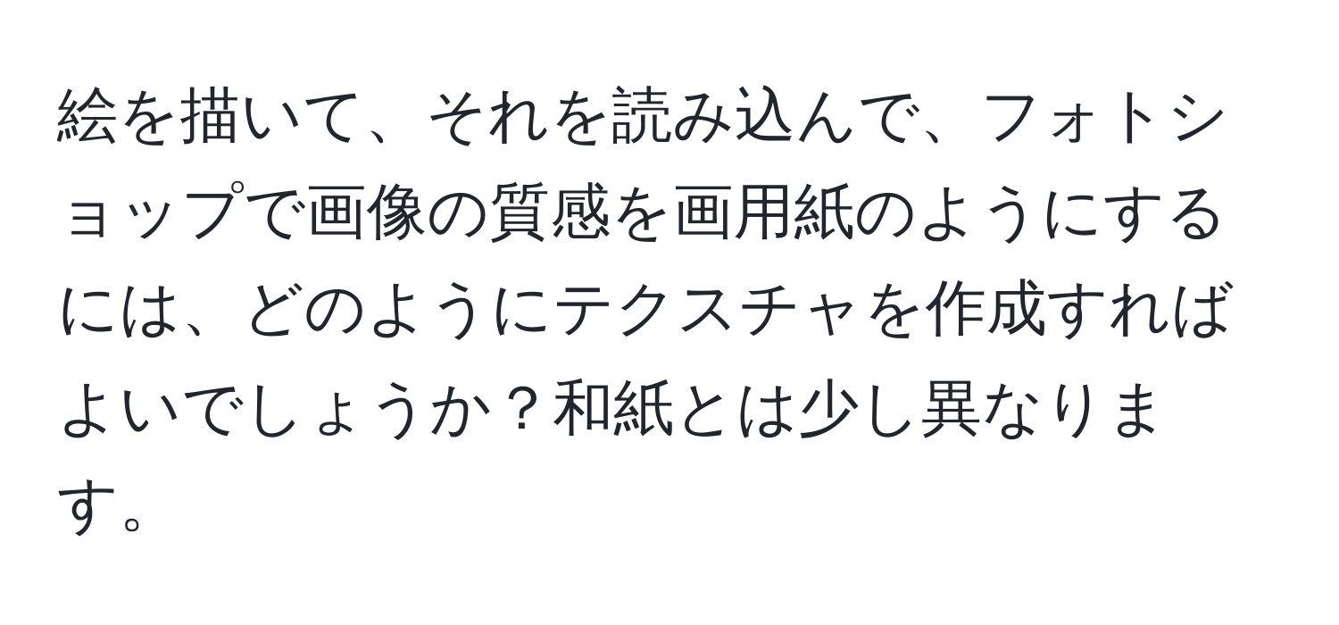 絵を描いて、それを読み込んで、フォトショップで画像の質感を画用紙のようにするには、どのようにテクスチャを作成すればよいでしょうか？和紙とは少し異なります。