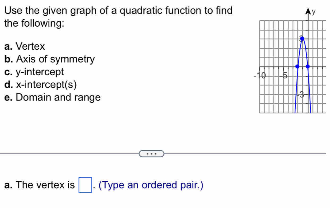 Use the given graph of a quadratic function to find 
the following: 
a. Vertex 
b. Axis of symmetry 
c. y-intercept 
d. x-intercept(s) 
e. Domain and range 
a. The vertex is □. (Type an ordered pair.)