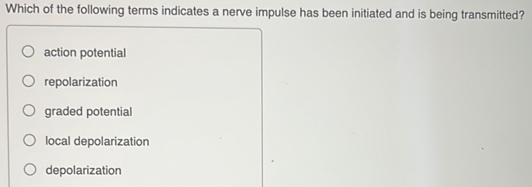 Which of the following terms indicates a nerve impulse has been initiated and is being transmitted?
action potential
repolarization
graded potential
local depolarization
depolarization