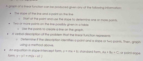 A graph of a linear function can be produced given any of the following information:
The slope of the line and a point on the line
Start at the point and use the slope to determine one or more points.
Two or more points on the line possibly given in a table
Use the points to create a line on the graph.
A verbal description of the problem that the linear function represents
Determine if the description identifies a point and a slope or two points. Then, graph
using a method above.
An equation in slope-intercept form, y=mx+b; standard form, Ax+By=C; or point-slope
form, y-y1=m(x-x1)