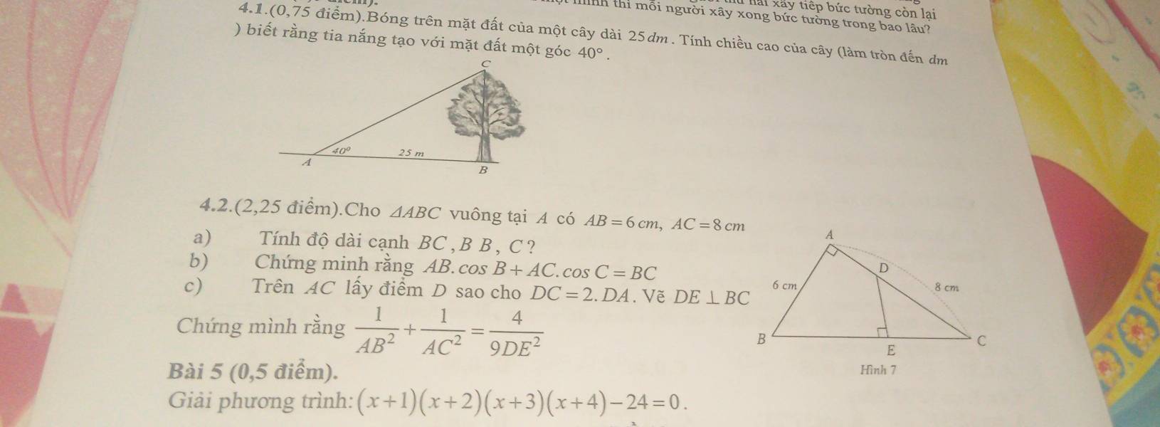 Thái xãy tiếp bức tường còn lại
Inh thi mỗi người xây xong bức tưởng trong bao lâu?
4.1.(0,75 điểm).Bóng trên mặt đất của một cây dài 25dm. Tính chiều cao của cây (làm tròn đến dm
) biết rầng tia nắng tạo với mặt đất một góc 40°.
4.2.(2,25 điểm).Cho △ ABC vuông tại A có AB=6cm,AC=8cm
a) Tính độ dài cạnh BC , B B, C ?
b) Chứng minh rằng AB. cos B+AC.cos C=BC
c) Trên AC lấy điểm D sao cho DC=2.DA. Vẽ DE⊥ BC
Chứng mình rằng  1/AB^2 + 1/AC^2 = 4/9DE^2 
Bài 5 (0,5 điểm). Hình 7
Giải phương trình: (x+1)(x+2)(x+3)(x+4)-24=0.