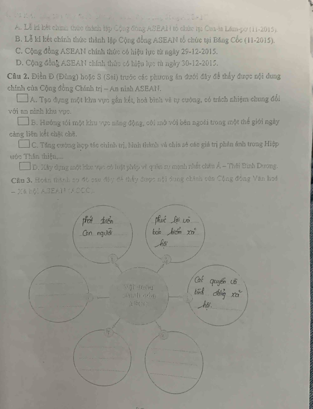 A. Lễ k kết chính thức thành lập Cộng đồng ASEAI tổ chức tạu Cua-la Lám-pơ (11-2015).
B. Lễ kí kết chính thức thành lập Cộng đồng ASEAN tổ chức tại Băng Cốc (11-2015).
C. Cộng đồng ASEAN chính thức có hiệu hực từ ngày 29-12-2015.
D. Cộng đồng ASEAN chính thức có hiệu lực từ ngày 30 -12-2015.
Câu 2. Điền Đ (Đúng) hoặc S (Sai) trước các phương án dưới đây để thấy được nội dung
chính của Cộng đồng Chính trị -- An ninh ASEAN.
A. Tạo dựng một khu vực gắn kết, hoà bình và tự cường, có trách nhiệm chung đối
với an ninh khu vực.
B. Hướng tới một khu vực năng động, cời mở với bên ngoài trong một thế giới ngày
càng liên kết chặt chẽ.
C. Tăng cường hợp tác chính trị, hình thành và chia sẻ các giá trị phản ánh trong Hiệp
ước Thân thiện,...
D. Xây dụng một khu vực có luật pháp và quân sự mạnh nhất châu Á - Thái Bình Dương.
Câu 3. Hoàn thành sơ đò cau đây đề thấy được nội dung chính của Cộng đồng Văn hoá
- Xã hội ASEAN (ASCC).