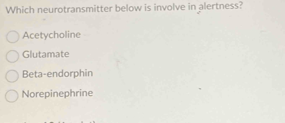 Which neurotransmitter below is involve in alertness?
Acetycholine
Glutamate
Beta-endorphin
Norepinephrine