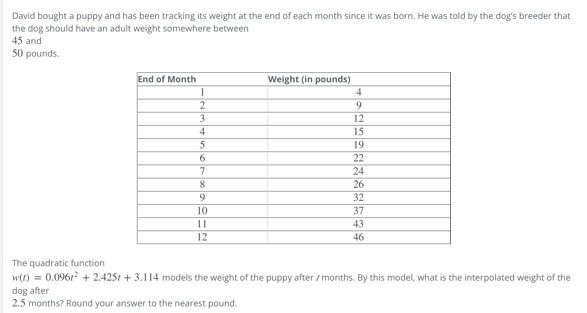 David bought a puppy and has been tracking its weight at the end of each month since it was born. He was told by the dog's breeder that 
the dog should have an adult weight somewhere between
45 and
50 pounds. 
The quadratic function
w(t)=0.096t^2+2.425t+3.114 models the weight of the puppy after / months. By this model, what is the interpolated weight of the 
dog after
2.5 months? Round your answer to the nearest pound.