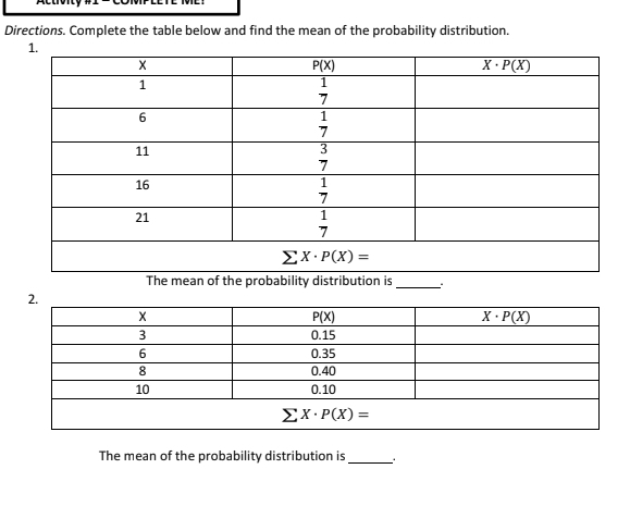 Directions. Complete the table below and find the mean of the probability distribution.
The mean of the probability distribution is_