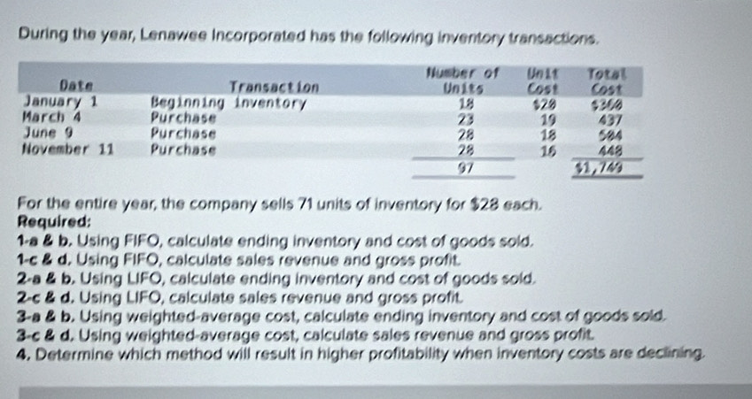 During the year, Lenawee Incorporated has the following inventory transactions.
For the entire year, the company sells 71 units of inventory for $28 each.
Required:
1-a & b. Using FIFO, calculate ending inventory and cost of goods sold.
1-c & d. Using FIFO, calculate sales revenue and gross profit.
2-a & b. Using LIFO, calculate ending inventory and cost of goods sold.
2-c & d. Using LIFO, calculate sales revenue and gross profit.
3-a & b. Using weighted-average cost, calculate ending inventory and cost of goods sold.
3-c & d. Using weighted-average cost, calculate sales revenue and gross profit.
4. Determine which method will result in higher profitability when inventory costs are declining.