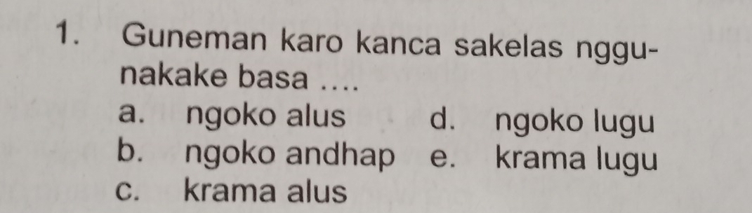 Guneman karo kanca sakelas nggu-
nakake basa ....
a. ngoko alus d. ngoko lugu
b. ngoko andhap e. krama lugu
c. krama alus