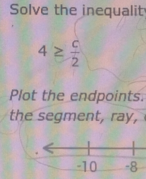 Solve the inequalit
4≥  c/2 
Plot the endpoints. 
the segment, ray, =