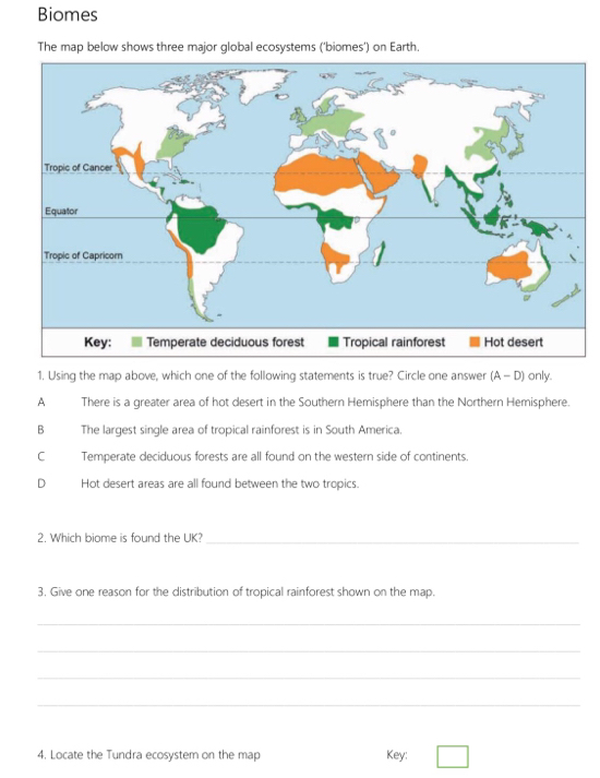 Biomes
The map below shows three major global ecosystems ('biomes') on Earth.
1. Using the map above, which one of the following statements is true? Circle one answer (A - D) only.
A There is a greater area of hot desert in the Southern Hemisphere than the Northern Hemisphere.
B The largest single area of tropical rainforest is in South America.
C Temperate deciduous forests are all found on the western side of continents.
D Hot desert areas are all found between the two tropics.
2. Which biome is found the UK?_
3. Give one reason for the distribution of tropical rainforest shown on the map.
_
_
_
_
4. Locate the Tundra ecosystem on the map Key: