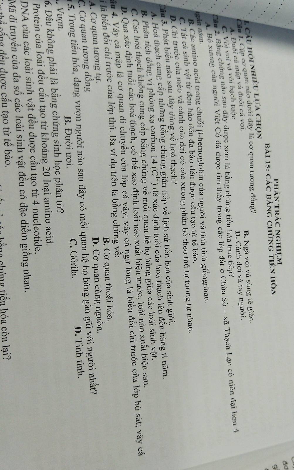 ao
phản trÁc nghiệm
bài 15: các bảng chứng tiên hóa
Câu 1. Cặp cơ quan nào dưới đây là cơ quan tương đồng? 9
L câu hỏi nhiều lựa chọn
A. Đuôi cá mập và đuôi cá voi. B. Ngà voi và sừng tế giác.
C. Vòi voi và vòi bạch tuộc D. Cánh dơi và tay người.
Câu 2. Bằng chứng nào sau đây được xem là bằng chứng tiến hóa trực tiếp?
A. Bộ xương của người Việt Cổ đã được tìm thấy trong các lớp đất ở Chùa Sò - xã Thạch Lạc có niên đại hơn 4
ngàn năm.
B. Các amino acid trong chuỗi β-hemoglobin của người và tinh tinh giốngnhau.
C. Tát cả sinh vật từ đơn bào đến đa bào đều được cấu tạo từ tế bào.
D. Chi trước của mèo và cánh của dơi có các xương phân bố theo thứ tự tương tự nhau.
Câu 3. Phát biểu nào sau đây đúng về hoá thạch?
A. Hoá thạch cung cấp những bằng chứng gián tiếp về lịch sử tiến hoá của sinh giới.
B. Phân tích đồng vị phóng xạ carbon 14(C^(14) ) để xác định tuổi của hoá thạch lên đến hàng tỉ năm.
C. Các hoá thạch không cung cấp bằng chứng về mối quan hệ họ hàng giữa các loài sinh vật.
D. Qua xác định tuổi các hoá thạch, có thể xác định loài nào xuất hiện trước, loài nào xuất hiện sau.
âu 4. Vây cá mập là cơ quan di chuyển của lớp cá vây; vây cá ngư long là biến đồi chi trước của lớp bò sát; vây cá
li là biến đổi chi trước của lớp thú. Ba ví dụ trên là bằng chứng về:
B. Cơ quan thoái hóa.
A. Cơ quan tương tự.
C. Cơ quan tương đồng D. Cơ quan cùng nguồn.
5. Trong tiến hóa, dạng vượn người nào sau đây có mối quan hệ họ hàng gần gũi với người nhất?
B. Đười ươi. C. Gôrila. D. Tinh tinh.
Vượn.
6. Đầu không phải là bằng chứng sinh học phân tử?
Protein của loài đều cấu tạo từ khoảng 20 loại amino acid.
DNA của các loài sinh vật đều đuợc cấu tạo từ 4 nucleotide.
Mã di truyền của đa số các loài sinh vật đều có đặc điểm giống nhau.
ể  ố ng  đều đuợc cấu tạo từ tế bào.
*  h    ế n óa còn lai?
