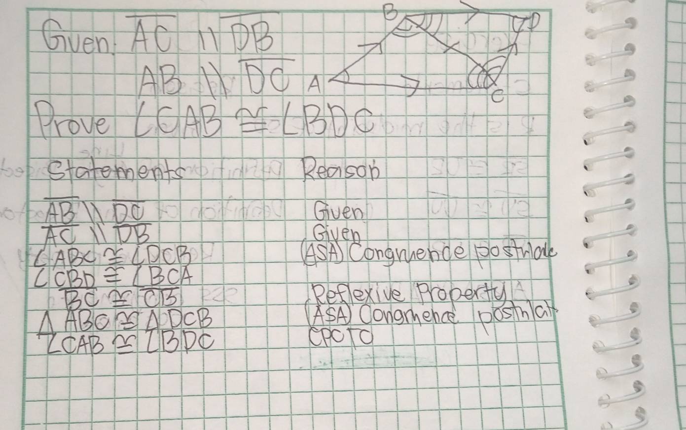 Gven overline ACparallel overline DB
B
D
ABparallel overline DC A 
e 
Prove ∠ CAB≌ ∠ BDC
b9 Statements Reason
overline ABparallel overline DC Given
overline ACparallel overline DB
Given
∠ ABC≌ ∠ DCB (SA Congruence postuak
∠ CBD≌ ∠ BCA
overline BC≌ overline CB Refexive Property
△ ABC≌ △ DCB
ASA Oongmence postna
∠ CAB≌ ∠ BDC
epOTO