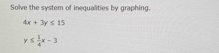 Solve the system of inequalities by graphing.
4x+3y≤ 15
y≤  1/4 x-3