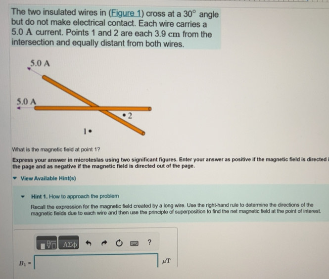 Solved: The two insulated wires in (Eigure 1) cross at a 30° angle but ...