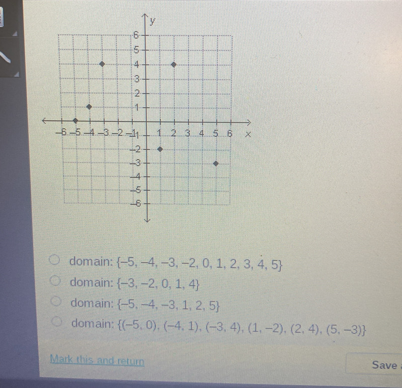 domain:  -5,-4,-3,-2,0,1,2,3,4,5
domain:  -3,-2,0,1,4
domain:  -5,-4,-3,1,2,5
domain:  (-5,0),(-4,1),(-3,4),(1,-2),(2,4),(5,-3)
Mark this and return Save