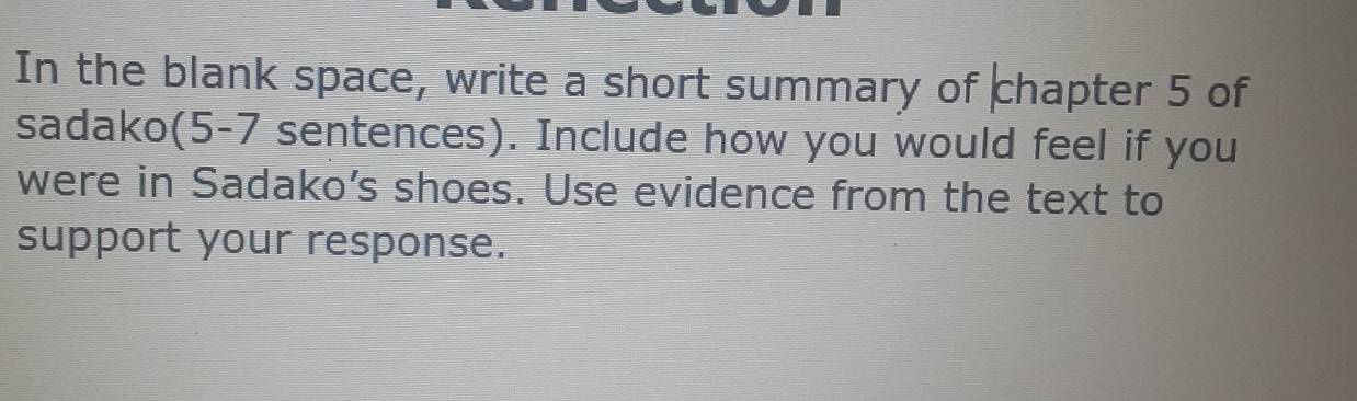 In the blank space, write a short summary of chapter 5 of 
sadako(5-7 sentences). Include how you would feel if you 
were in Sadako’s shoes. Use evidence from the text to 
support your response.