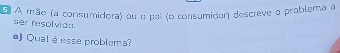 A mãe (a consumidora) ou o pai (o consumidor) descreve o problema a 
ser resolvido. 
a) Qual é esse problema?