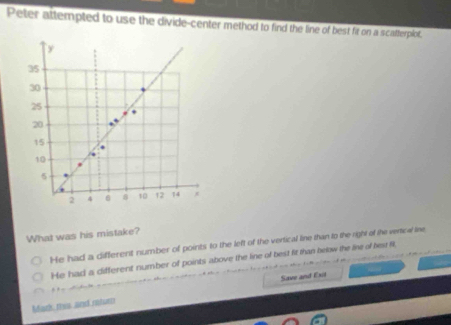 Peter attempted to use the divide-center method to find the line of best fit on a scatterplot,
What was his mistake?
He had a different number of points to the left of the vertical line than to the right of the vertical line
He had a different number of points above the line of best fit than beow the line of best ft
. 
Mark mis and num Save and Exit