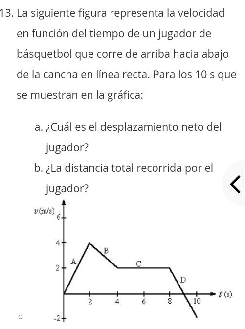 La siguiente figura representa la velocidad
en función del tiempo de un jugador de
básquetbol que corre de arriba hacia abajo
de la cancha en línea recta. Para los 10 s que
se muestran en la gráfica:
a. ¿Cuál es el desplazamiento neto del
jugador?
b. ¿La distancia total recorrida por el
jugador?
<