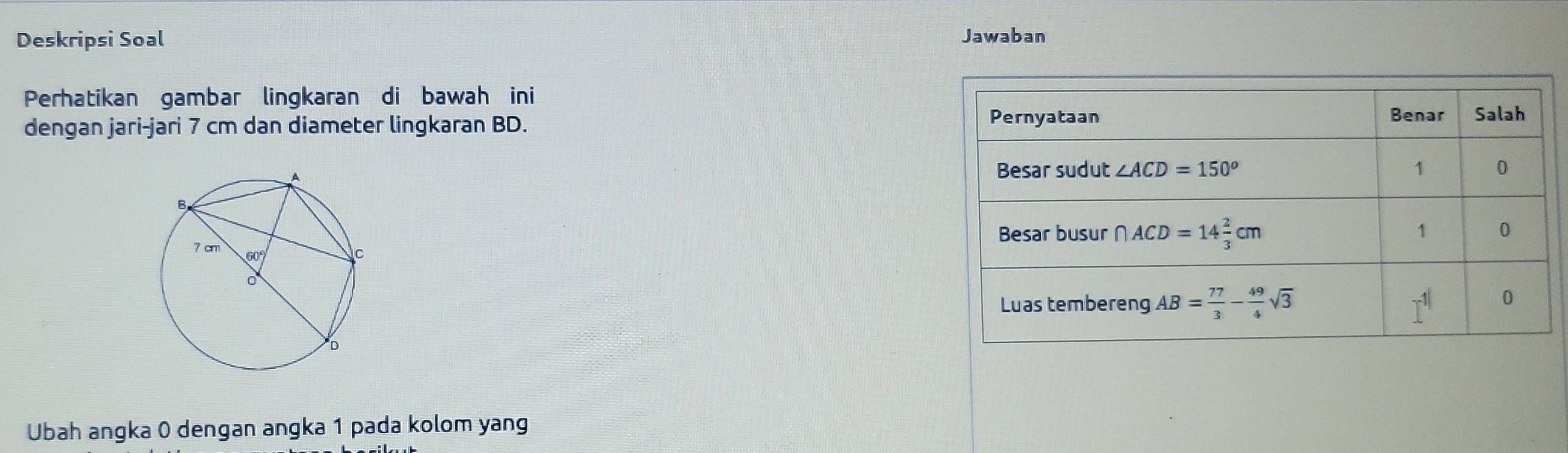 Deskripsi Soal
Jawaban
Perhatikan gambar lingkaran di bawah ini
dengan jari-jari 7 cm dan diameter lingkaran BD.
 
Ubah angka 0 dengan angka 1 pada kolom yang