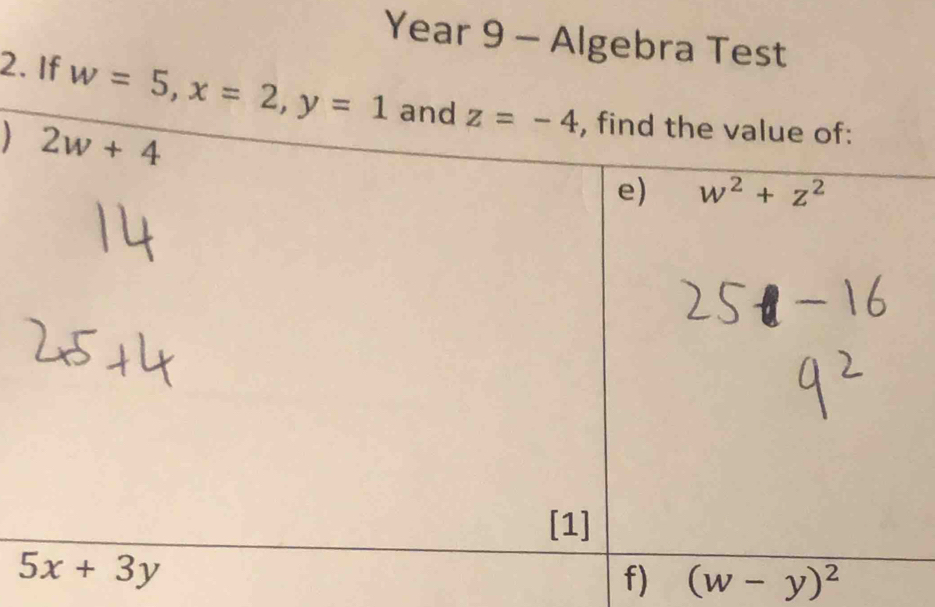 Year 9 - Algebra Test
2. If w=5,x=2,y=1
f) (w-y)^2