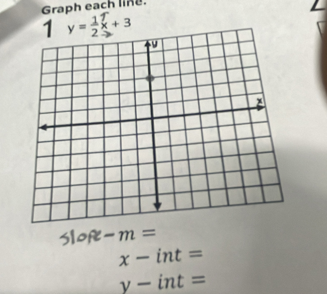 Graph each line. 
1 y=-x+3
5loR-m=
x-int=
y-int=