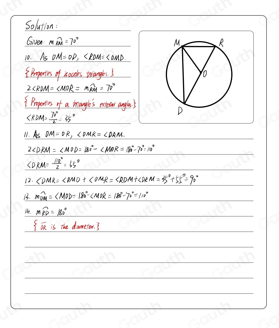 Solved: ) overline DR is a diameter of circle O. If mMR=70° , find: 10 ...