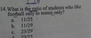 What is the ratio of students who like
football only to tennis only?
a. 11/25
b. 11/29
c. 23/29
23/25