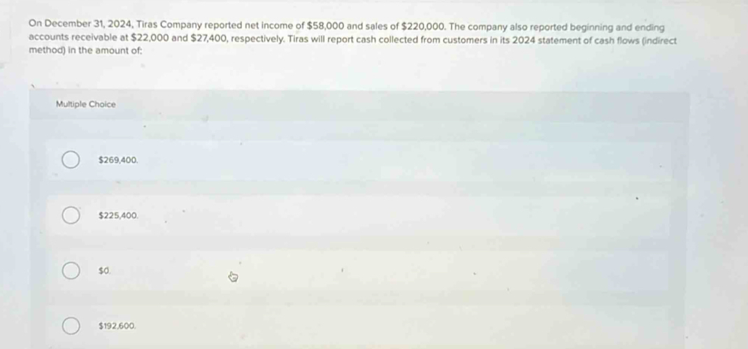 On December 31, 2024, Tiras Company reported net income of $58,000 and sales of $220,000. The company also reported beginning and ending
accounts receivable at $22,000 and $27,400, respectively. Tiras will report cash collected from customers in its 2024 statement of cash flows (indirect
method) in the amount of:
Multiple Choice
$269,400.
$225,400.
$o.
$192,600.