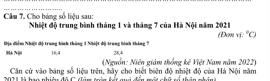 Cho bảng số liệu sau: 
Nhiệt độ trung bình tháng 1 và tháng 7 của Hà Nội năm 2021 
(Đơn vị: ^circ C)
Địa điểm Nhiệt độ trung bình tháng 1 Nhiệt độ trung bình tháng 7
Hà Nội 16, 4 28, 4
(Nguồn: Niên giám thống kê Việt Nam năm 2022) 
Căn cứ vào bảng số liệu trên, hãy cho biết biên độ nhiệt độ của Hà Nội năm 
2021 là bao phiêu đô C. (làm tròn kết quả đến một chữ số thên phân)