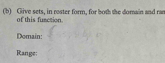 Give sets, in roster form, for both the domain and ran 
of this function. 
Domain: 
Range: