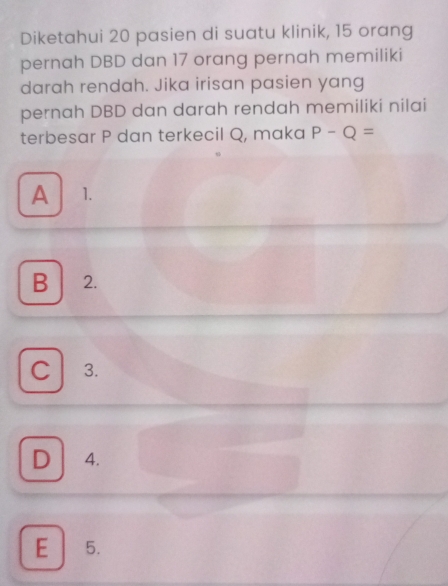 Diketahui 20 pasien di suatu klinik, 15 orang
pernah DBD dan 17 orang pernah memiliki
darah rendah. Jika irisan pasien yang
pernah DBD dan darah rendah memiliki nilai
terbesar P dan terkecil Q, maka P-Q=
A 1.
B 2.
C 3.
D 4.
E 5.