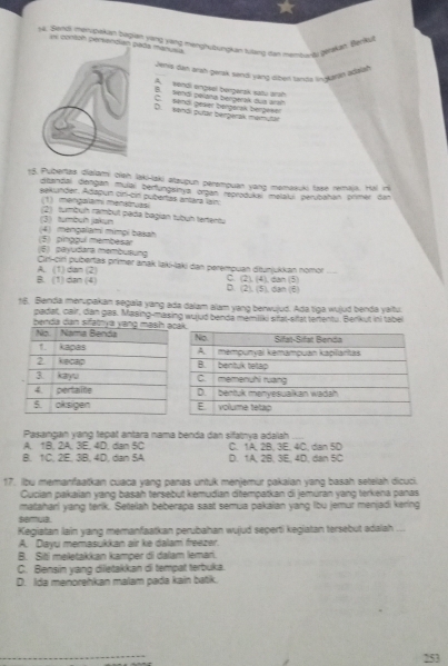 Sendi merupakun burgian yong vang menghutungkan tulang dan mahde au genken. Benkr
ey contoh pervencianads manusia
Jeis dan drah gerak sendi yang diber tanta i qrán WWak
A. sendi engeel bengarsk satu ansh
B. Sehdi pelana bergerak dus arah
C. sond geaer bergacsk bergeser
D. sendi purar bergerak mémutär
15. Pulberlas dialami cieh laki-laki ateupun perempuan yang memasuki lase remaia. Hal H
dižandai dengan mulai berfungsnya organ reproduka melakui perubahan primer dan
akunder. Adapun cin-bn pubertas antara lan:
(1)mengalami menióua
2) tumbuh rambut peda bagian tubuh tartents
(4) mengalami mimpi basah (3) tumbuḥ jakun
(6) payudara membusung (5) pinágul membesar
Cir-cirí puberlas primer anak ląki-laki dan perempuan diłunjukkan nomor
B. (1) dan (4) A. (1) dan (2) D. (2), (5), dan (6) C. (2), (4), dan (5)
18. Benda merupakan segala yang ada dalam alam yang berwujud. Ada tiga wujud benda yaitu.
padal, cair, dan gas. Masing-masing wuud benda memliki srat-sifat terfentu. Berkut ini taber
b
Pasangan yang tepat antara nama benda dan sifatnya adalah
A, 1B, 2A, 3E, 4D, dan 5C C. 1A, 2B, 3E, 4C, dan 5D
B. 1C, 2E, 3B, 4D, dan SA D. 1A, 2B, 3E, 4D, dan 5C
17. Ibu memanfaatkan cuaca yang panas untuk menjemur pakaian yang basah setelah dicuci.
Cucian pakaian yang basah tersebut kemudian ditempatkan di jemuran yang terkena panas
samua. matahari yang terik. Setelah beberapa saat semua pakaian yang lbu jemur menjadi kering
Kegiətan lain yang memanfaatkan perubahan wujud seperti kegiatan tersebut adalah ...
A. Dayu memasukkan air ke dalam freezer.
B. Siti meletakkan kamper di dalam lemari.
C. Bensin yang diletakkan di tempat terbuka.
D. Ida menorehkan malam pada kain batik.
253