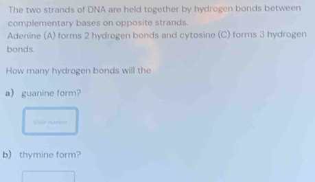 The two strands of DNA are held together by hydrogen bonds between 
complementary bases on opposite strands. 
Adenine (A) forms 2 hydrogen bonds and cytosine (C) forms 3 hydrogen 
bonds. 
How many hydrogen bonds will the 
a guanine form? 
Lioe nantn 
b) thymine form?