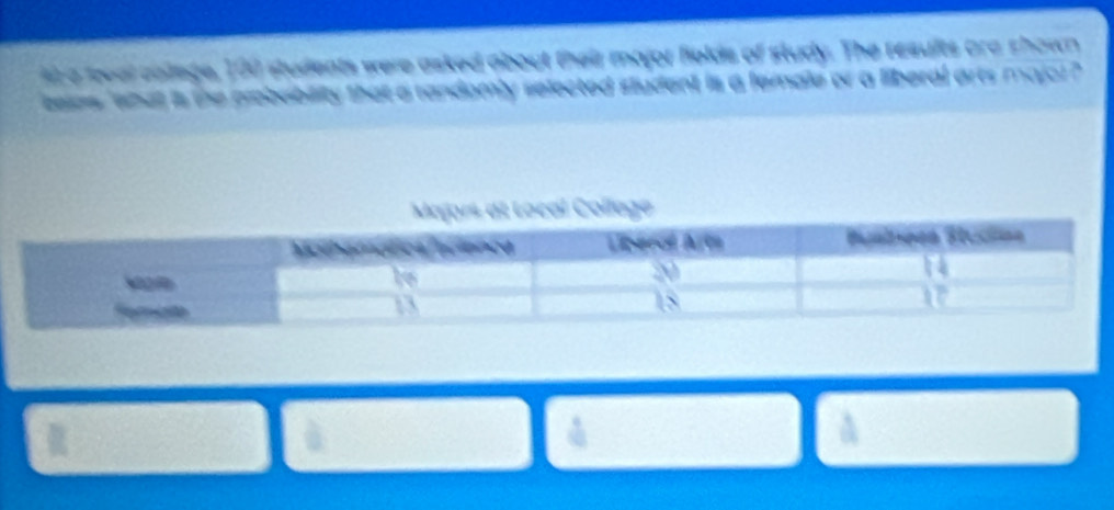 ce fevel colage, 100 students were asked about their major fields of study. The results are shown 
teses 'what is the probability that a randomly selected student is a female or a liberal arts majoi ? 
lage