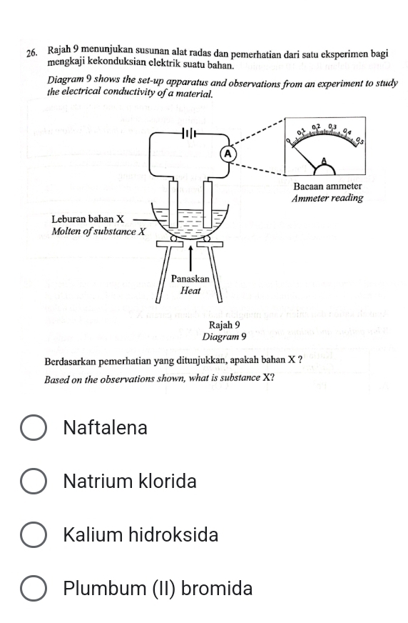 Rajah 9 menunjukan susunan alat radas dan pemerhatian dari satu eksperimen bagi
mengkaji kekonduksian elektrik suatu bahan.
Diagram 9 shows the set-up apparatus and observations from an experiment to study
the electrical conductivity of a material.
Berdasarkan pemerhatian yang ditunjukkan, apakah bahan X ?
Based on the observations shown, what is substance X?
Naftalena
Natrium klorida
Kalium hidroksida
Plumbum (II) bromida