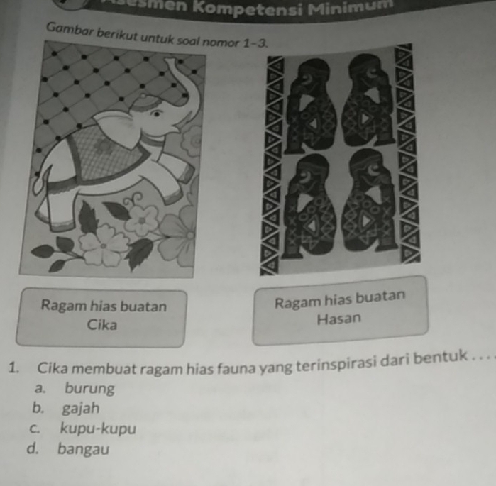 Košmen Kompetensi Minimum
Gambar berikut untuk soal nomor 1
Ragam hias buatan
Ragam hias buatan
Cika
Hasan
1. Cika membuat ragam hias fauna yang terinspirasi dari bentuk . . .
a. burung
b. gajah
c. kupu-kupu
d. bangau