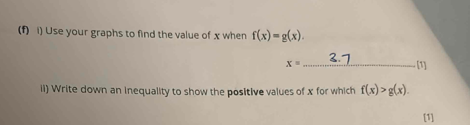 Use your graphs to find the value of x when f(x)=g(x).
x= _ [1] 
il) Write down an inequality to show the positive values of x for which f(x)>g(x). 
[1]