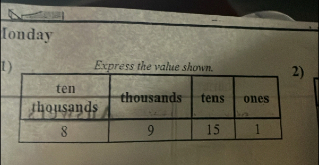 Ionday 
1) Express the value shown,