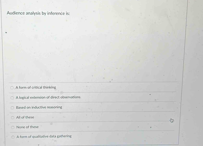 Audience analysis by inference is:
A form of critical thinking
A logical extension of direct observations
Based on inductive reasoning
All of these
None of these
A form of qualitative data gathering