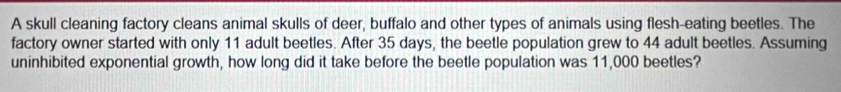 A skull cleaning factory cleans animal skulls of deer, buffalo and other types of animals using flesh-eating beetles. The 
factory owner started with only 11 adult beetles. After 35 days, the beetle population grew to 44 adult beetles. Assuming 
uninhibited exponential growth, how long did it take before the beetle population was 11,000 beetles?