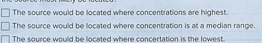 Solved: The source would be located where concentrations are highest ...