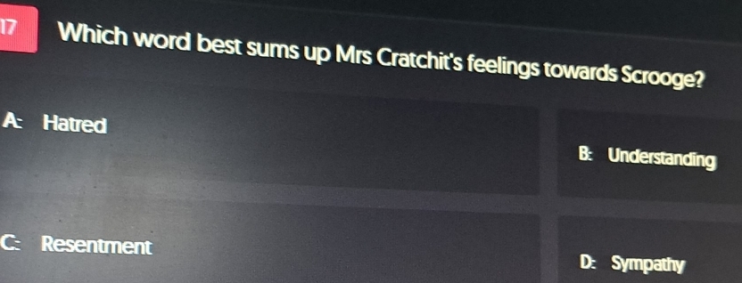 Which word best sums up Mrs Cratchit's feelings towards Scrooge?
A Hatred B: Understanding
C: Resentment D: Sympathy