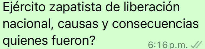 Ejército zapatista de liberación 
nacional, causas y consecuencias 
quienes fueron? p.m.
6:16