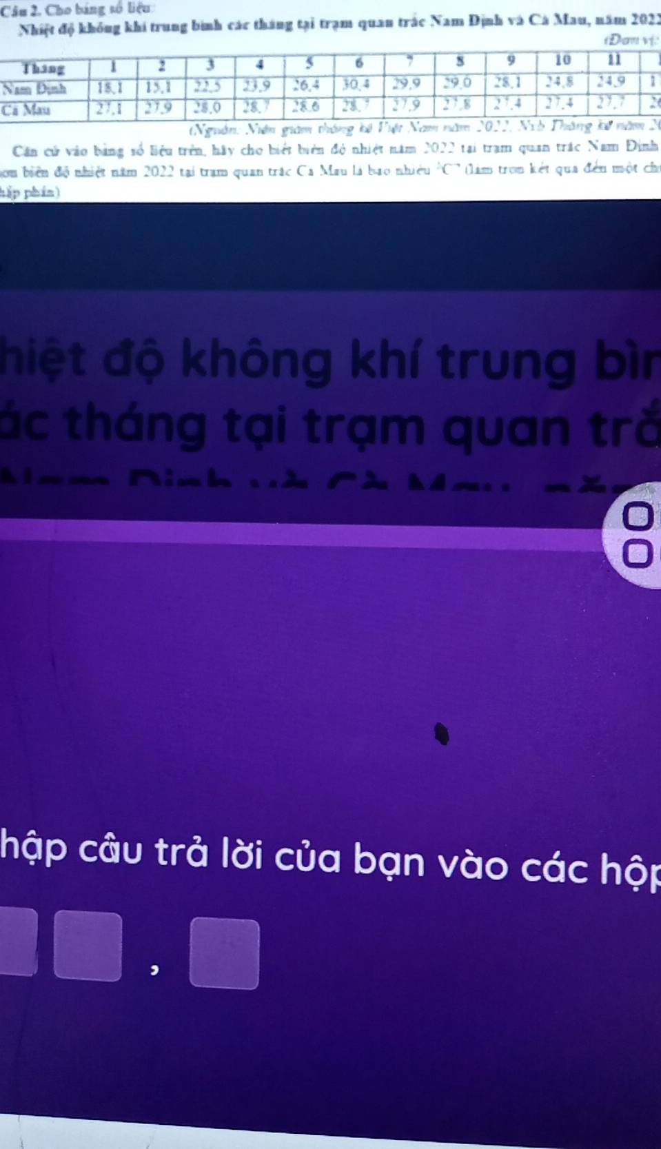 Cho bảng số liệu 
Nhiệt độ không khi trung bình các tháng tại trạm quan trác Nam Định và Cá Mau, năm 2022
Nguàn: Niên m2
Cần cử vào bằng số liệu trên, hãy cho biết biển độ nhiệt năm 2022 tại trạm quan trác Nam Đinh 
ou biển độ nhiệt năm 2022 tại tram quan trác Ca Mau lá bao nhiều 'C' (làm tron kết qua đến một chi 
hắp phần) 
hiệt độ không khí trung bìn 
ác tháng tại trạm quan trắ 
À 
hập câu trả lời của bạn vào các hộp 
□ ,□