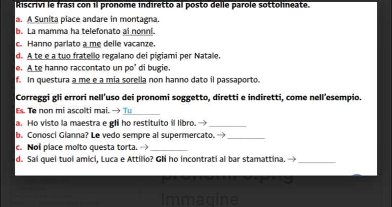 Riscrivi le frasi con il pronome indiretto al posto delle parole sottolineate. 
a. A Sunita piace andare in montagna. 
b. La mamma ha telefonato ai nonni. 
c. Hanno parlato a me delle vacanze. 
d. A te e a tuo fratello regalano dei pigiami per Natale. 
e. A te hanno raccontato un po’ di bugie. 
f. In questura a me e a mia sorella non hanno dato il passaporto. 
Correggi gli errori nell’uso dei pronomi soggetto, diretti e indiretti, come nell’esempio. 
Es. Te non mi ascolti mai. → Tu 
a. Ho visto la maestra e gli ho restituito il libro._ 
b. Conosci Gianna? Le vedo sempre al supermercato._ 
c. Noi piace molto questa torta._ 
d. Sai quei tuoi amici, Luca e Attilio? GIi ho incontrati al bar stamattina._ 
Immagine