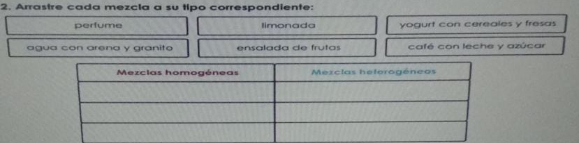 Arrastre cada mezcla a su tipo correspondiente: 
perfume limonada yogurt con cereales y fresas 
agua con arena y granito ensalada de frutas café con leche y azúcar