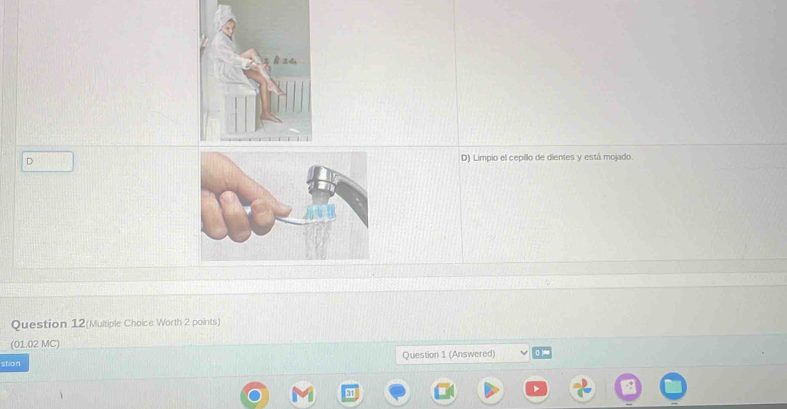 Limpio el cepillo de dientes y está mojado. 
Question 12(Multiple Choice Worth 2 points) 
(01.02 MC) 
stion Question 1 (Answered)